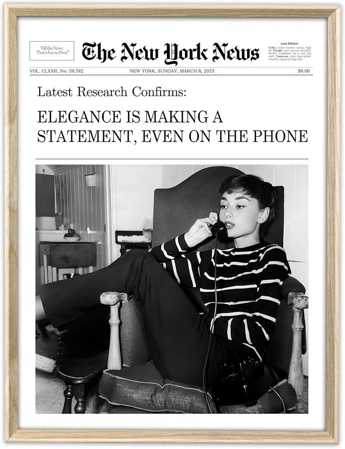 iHery 12x16in Audrey Hepburn On the Phone Framed Newspaper Wall Art | Natural OAK Wood Frame with Canvas Print, Vintage Elegance Decor for Bedroom, Living Room, Office and Gallery Wall, 1Pack