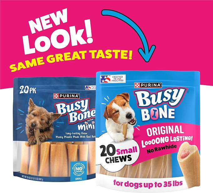 Purina Busy Bone Adult Small Dog Chew Treats, Original, 20 ct Pouch | Rawhide free chew with a real meat center for small dogs up to 35 lbs, long lasting chew that helps clean teeth