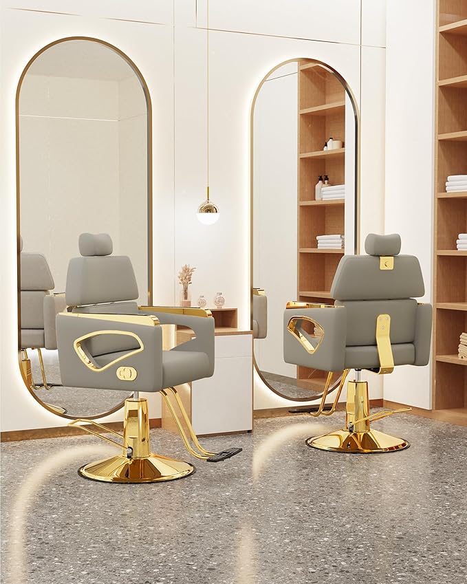 Baasha Gray Gold Reclining Salon Chair with Adjustable Backrest & Lumbar Support, Heavy-Duty Barber Chair, Durable Steel Frame, 440 lbs Capacity