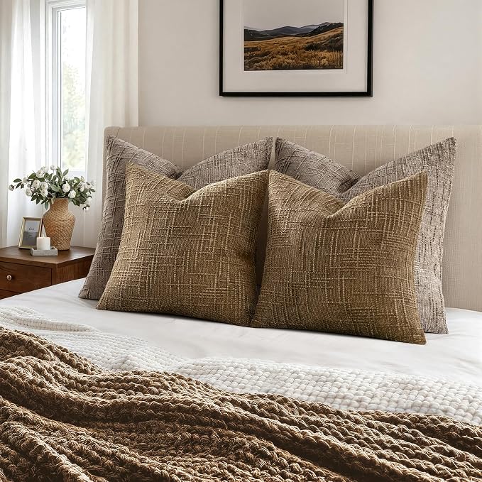 MIULEE Chenille Textured Fall Throw Pillow Covers Bronze 18x18 Set of 2 | Slubby Decorative Pillows, Boho Farmhouse Rustic Home Decor, Modern Neutral Cushion Covers for Couch Sofa Bed Living Room