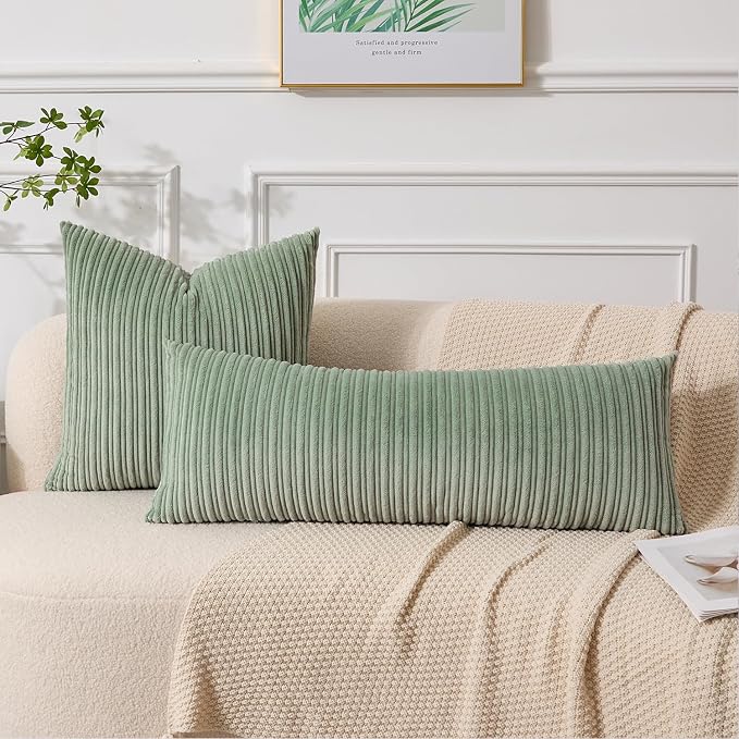 UGASA 14x36 Inch Pillow Cover Pack of 1 Soft Boho Stripe Corduroy Large Long Rectangular Lumbar Cushion Cover Farmhouse Decorative Throw Pillowcase for Bed Couch Sofa Bedroom Living Room Sage Green