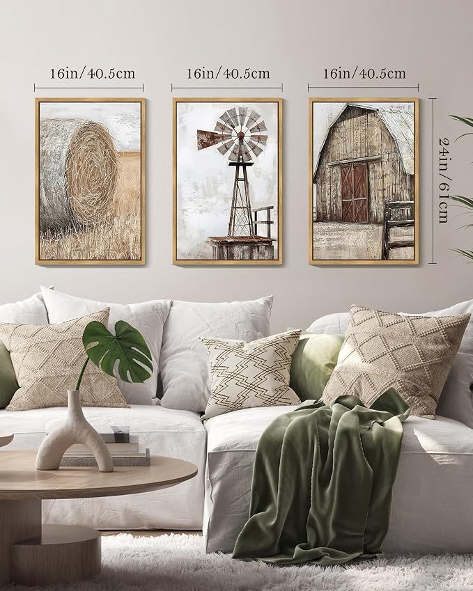 Drsoum Farmhouse Wall Art Vintage Rustic Windmill Barn Cornfield Pictures Framed Painting Landscape Countryside Rural Canvas Artwork Home Decor Ready to Hang 16x24in - Natural Framed