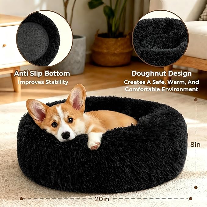 Calming Donut Dog and Cat Bed for Indoor Cats, Anti-Anxiety Round Fluffy Soft Washable Small Pet Bed for Puppy and Kitten, Warming Comfortable Luxury Anti-Slip Waterproof Mute Base 20in Black