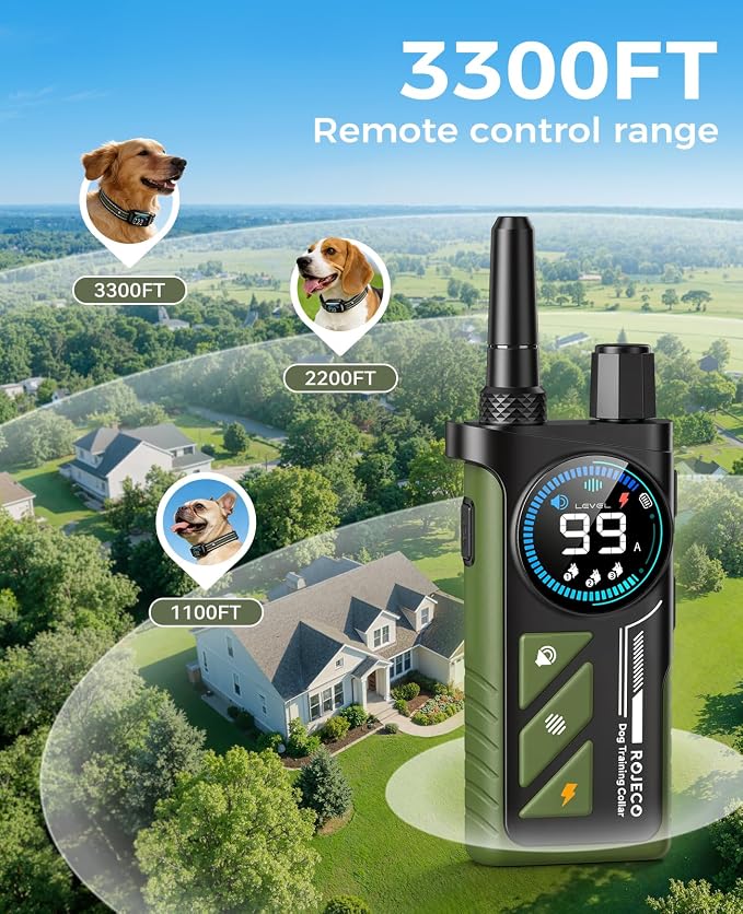 ROJECO 2-in-1 Dog Shock Collar & Bark Collar,Smart Anti-Barking for 2 Dogs | 3300FT Remote/IPX7 Waterproof/Beep,Vibration,Shock Modes/LED Light/TypeC Rechargeable/for Small Medium Large Dogs/Green,Black