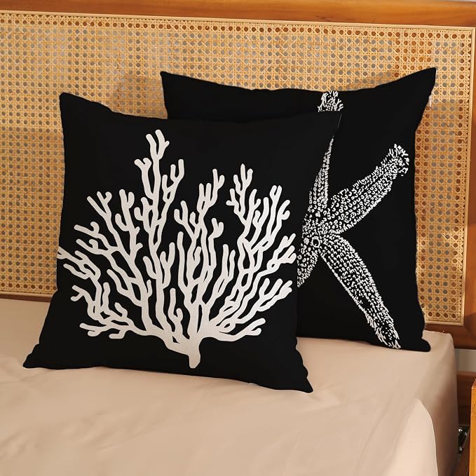 Coastal Pillow Covers 18x18 Set of 2 Black Starfish Throw Pillows Nautical Ocean Decorations Summer Beach Coral Pillowcase Outdoor Decor Linen Farmhouse Square Cushion Case for Sofa Bedroom