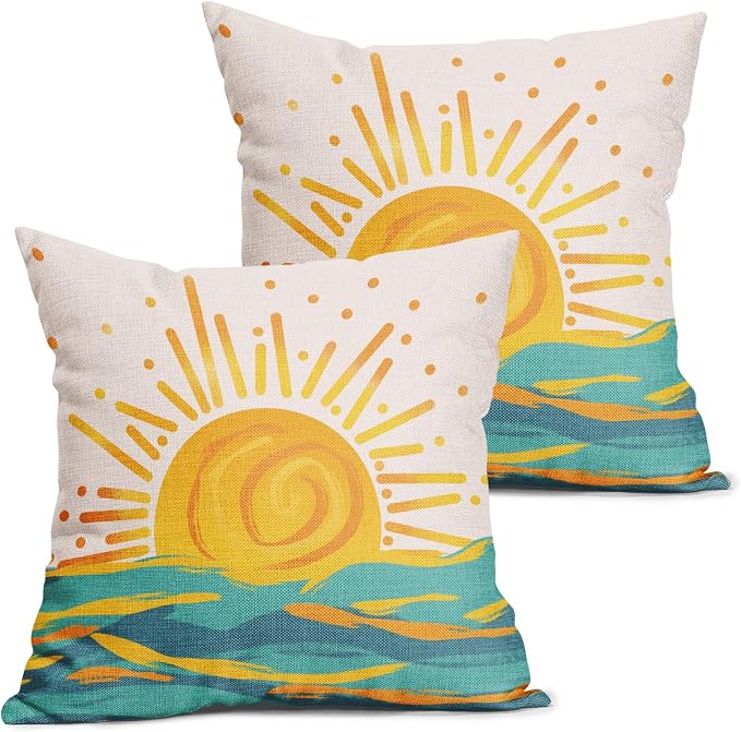 Summer Sunrise Pillow Covers 22x22 Inch Set of 2 Bright Yellow Sun Beach Rustic Throw Pillow Cases Outdoor Linen Square Cushion Cover Farmhouse Decor for Bedroom Home Sofa Couch Bed