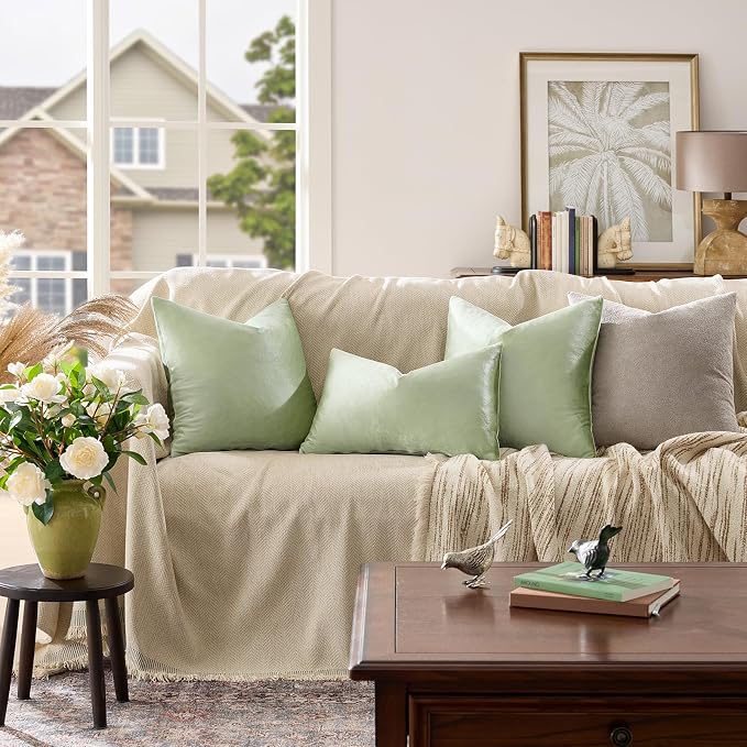 GIGIZAZA Sage Green Velvet Throw Pillow Covers 12x20 Pack of 2 | Decorative Lumbar Pillows for Couch Sofa,280gsm Soft Textured Fabric,Modern Pillowcases,Luxury Cushion Covers