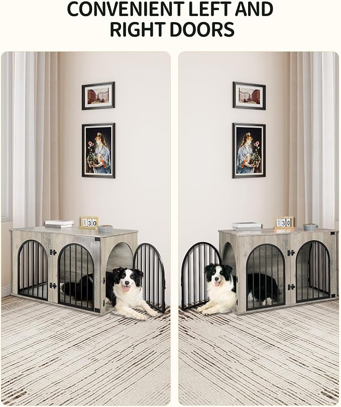 Hzuaneri 39.4'' Dog Crate Furniture,Dog Kennel Indoor for Medium/Large Dogs | Dog Kennel Furniture Wooden Dog Cage Heavy Duty Dog Crate Decorative Pet House End Side Table TV Stand,Greige Black DFC84105B