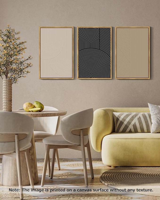 Drsoum Mid-Century Modern Framed Wall Art Large 16x24in Minimalist Abstract Boho Neutral Line Wall Decor Geometric Artwork Kitchen Dining Room Natural Framed
