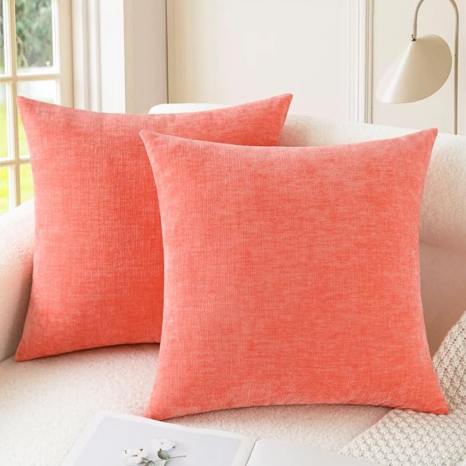 CaliTime Decorative Couch Throw Pillow Covers 24 X 24 Inches Living Coral | Pack of 2, Cozy Chenille Cushion Cases for Sofa Bed Living Room Farmhouse Home