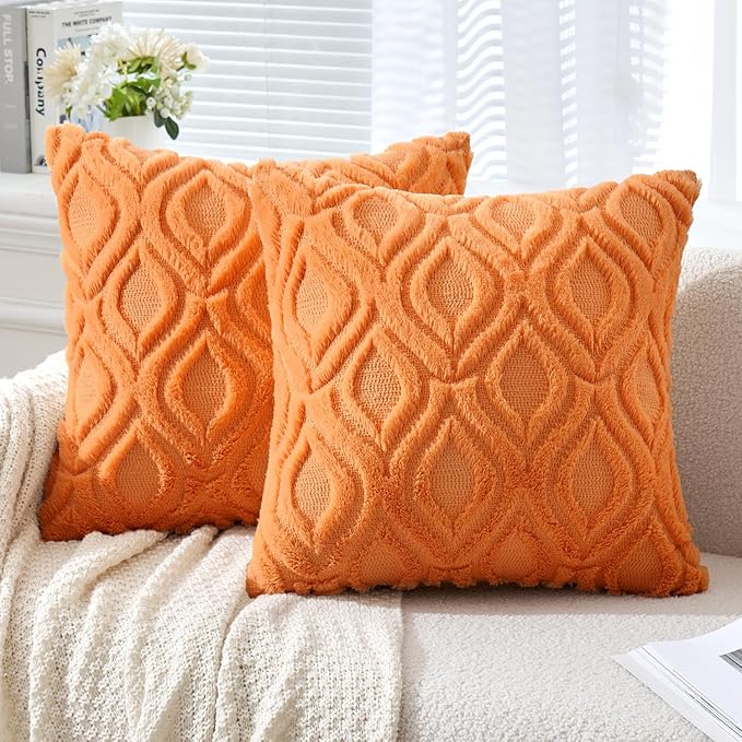 MIULEE Fall Bright Orange Soft Plush Faux Wool Throw Pillow Covers 18x18 | Set of 2, Farmhouse Boho Home Decor, Decorative Cushion Covers for Sofa, Living Room, Bed