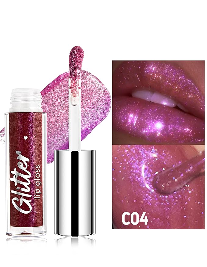 Erinde Glitter Shimmer Lip Gloss, Hydrating High-Shine Glimmer Finish & Sheer Wash Of Color Lip Oil, Non-Sticky, Moisturizing Lip Makeup, Bling Sparkle Lip Gloss Lipstick, Vegan & Cruelty-Free, 04