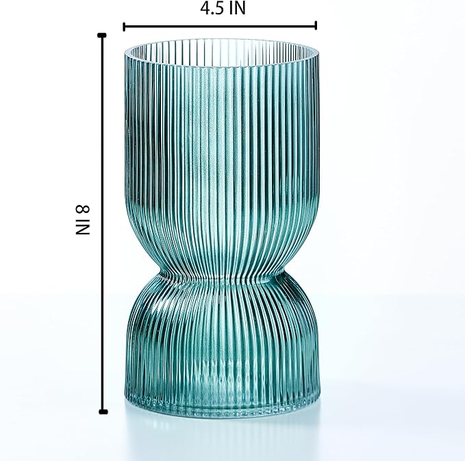 7.5 inch Vase for Flowers, Teal Ribbed Thickened Glass Vases, Hourglass Bud Flower Vase for Bookshelf, Dinner Table, Indoor Office Desktop, Meeting Room, Bathroom, Home Decor, Christmas Decoration