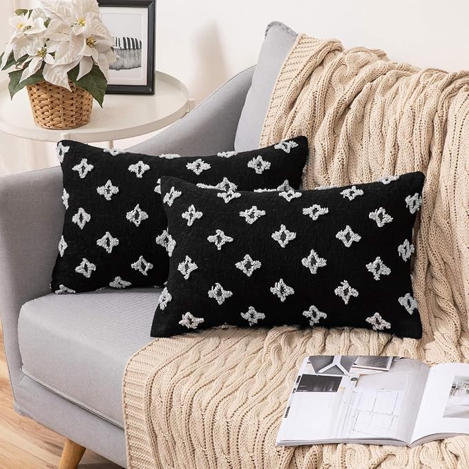Pack of 2 Flower Tufted Throw Pillows Embroidered Flowers 3 Size and Color Options Come with Inserts (Black, 12"x20" with Insert)