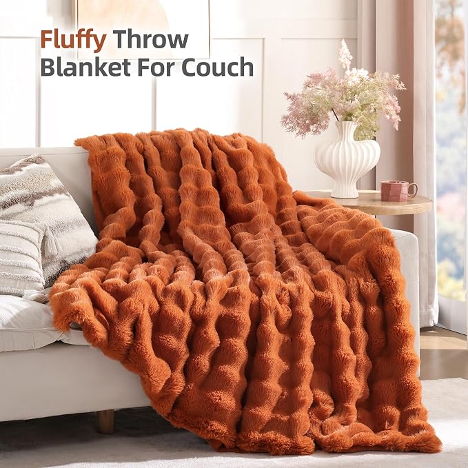 Faux Fur Fall Throw for Couch - Burnt Orange Bubble Blanket 60"x80" | Fluffy Plush Fuzzy Throw for Sofa & Bed, Super Soft Cozy Comfrt Blanket, Luxury Aesthetic Burnt Orange Decor Gift for Women