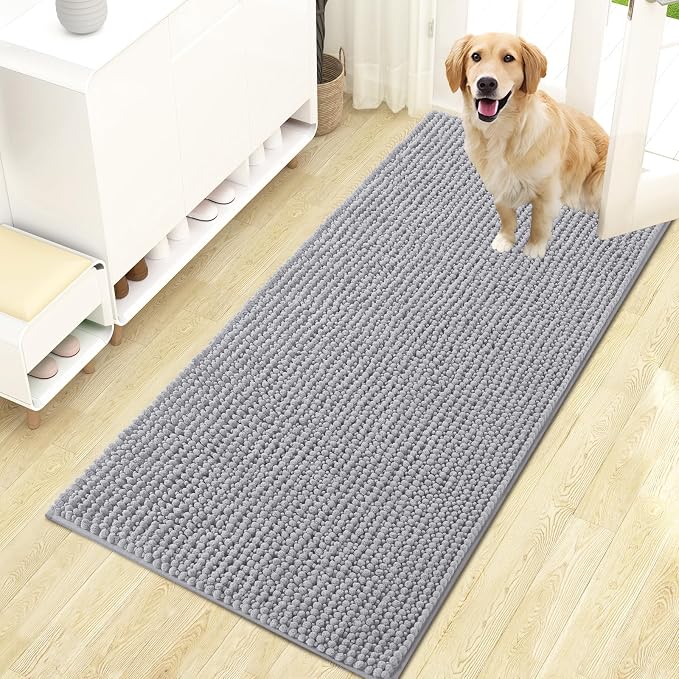OLANLY Dog Door Mat for Muddy Paws 47x24, Extra Absorbent Chenille Mud Mat | Light Grey, Absorbs Moisture and Dirt, Non-Slip Machine Washable Doormat, Quick-Drying Indoor Entryway Floor Mat for Dogs