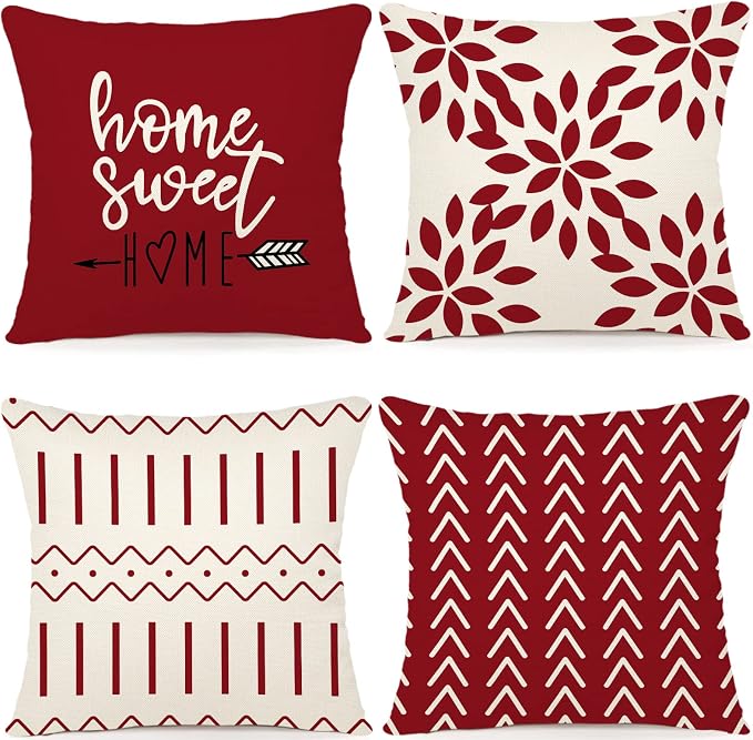 YCOLL Christmas Red Linen Pillow Covers 18x18 Set of 4, Home Sweet Home Farmhouse Throw Pillow Covers, Holiday Decorative Cushion Covers for Sofa Couch Bed, Winter Rustic Xmas Home Decor