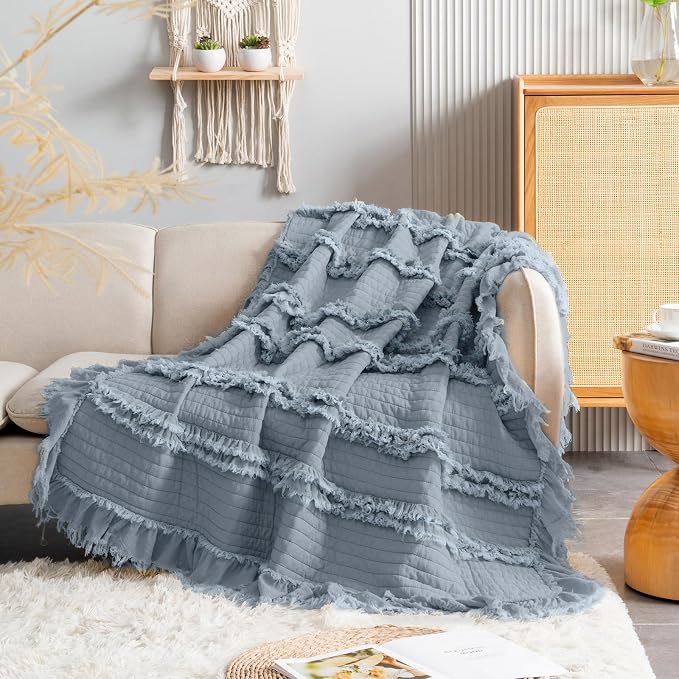 Ultra Soft Pre-Washed Quilted Boho Dark Blue King Size Blankets for Bed, Ruffle Fringed Decorative Throw, Stone Washed Chic Rustic Blanket for Sofa Couch Bed, 104"*90"