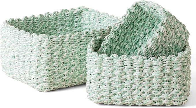 LA JOLIE MUSE Paper Rope Storage Baskets for Organizing, Recycled Wicker Storage Basket Container Bins for Shelves Cupboards Drawer, Small Woven Basket Set of 3 (Green White)