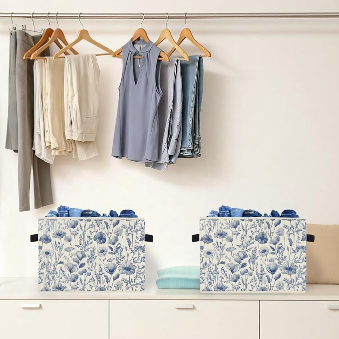 Blue and White Floral Storage Box Bins, Chinoiserie Flower Botanical Collapsible Storage Basket Organizer for Bedroom Laundry Room Home Clothes Books, Decor for Room