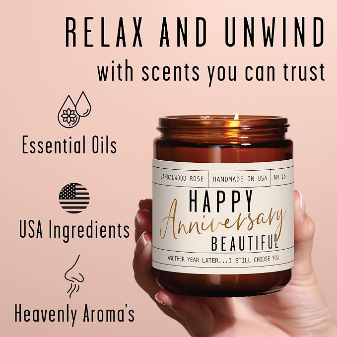 Anniversary Gifts for Women - 'Happy Anniversary Beautiful' Candle, w/Sandalwood Rose - infused w/Essential Oils I Happy Anniversary Gifts for Her I Anniversary Gifts for Wife I 50Hr Burn, USA Made
