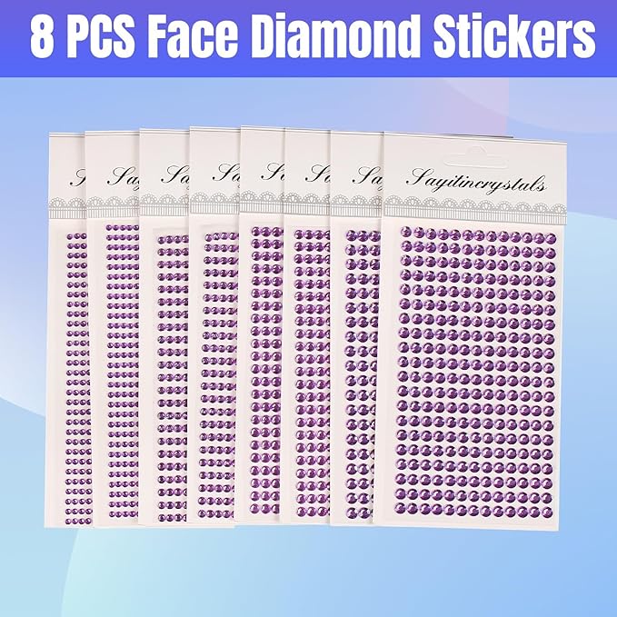 8 Sheets Rhinestone Stickers，3584 Pcs Gem Stickers for DIY Face Eyes Makeup Hair（Purple-3/4/5/6mm）
