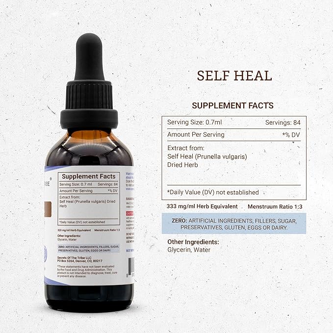 Secrets of the Tribe Self Heal Alcohol-Free Liquid Extract, Self Heal (Heal All, Prunella Vulgaris) Dried Herb (2 FL OZ)