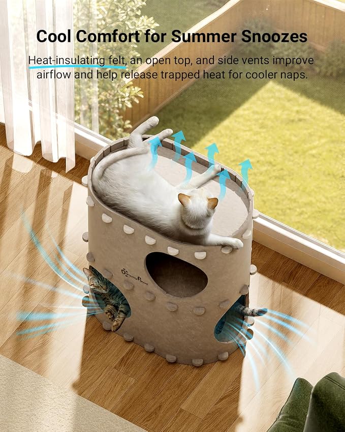 DownyPaws Cat House for Indoor Cats, 2-Storey Cat Bed Cave, Cream | Cat Hideaway Enclosed Bed,Cave Hideout Fort,Kitten Houses for Large Cats,Hide Box Bed Multicats Scratch Resistant