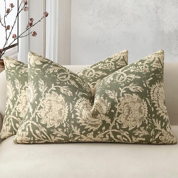 Vintage Floral Print Throw Pillow Covers 12x20 Set of 2 Neutral Modern Farmhouse Pillow Cases Accent Decorative Cushion Covers Boho Home Decor for Couch Sofa Chair Bed Living Room, Olive Green