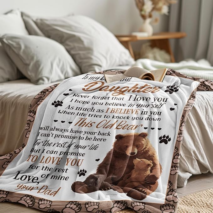 UFOORO Throw Blanket Daughter Gifts, Bear Hug Soft Fleece Blanket, Heartfelt Gift from Father to Daughter, Sweet Best Gifts for Adult Daughters Birthday Christmas Valentine's Day 55"X70"