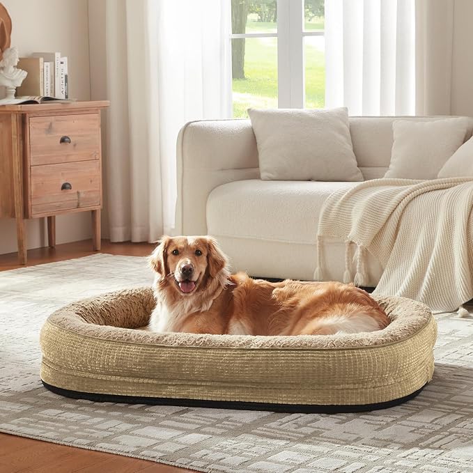 JOEJOY Orthopedic Dog Bed for Extra Large Dogs, XXL Egg-Crate Memory Foam Pet Bed with Bolster Sides, Waterproof Lining, Removable Washable Cover & Non-Slip Bottom, Light Brown