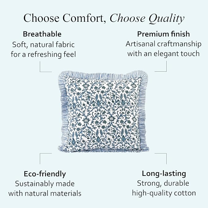 CPC Ocean Vine Hand Block Print 100% Cotton Ruffle Throw Pillow Cover 20x20 inch with Hidden Zipper Decorative for Couch, Bed, Sofa, Farmhouse, Cottagecore Decor Gift Christmas Fall Thanksgiving