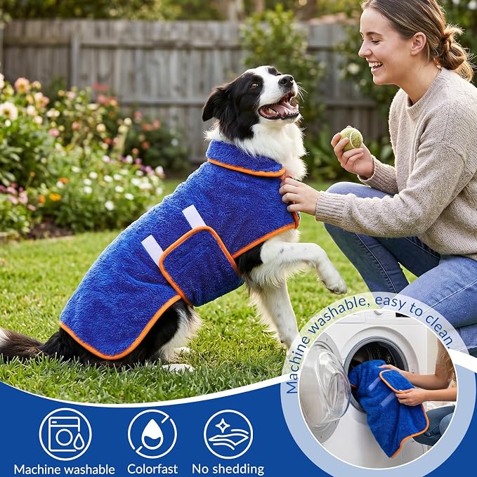 Dog Bathrobe, Super Absorbent for Small to Large Dogs, Dark Blue S | Dog Robes with Soft Fleece, Warm & Cozy, Adjustable Fit, and Quick Drying Coat for Baths Swimming and Grooming