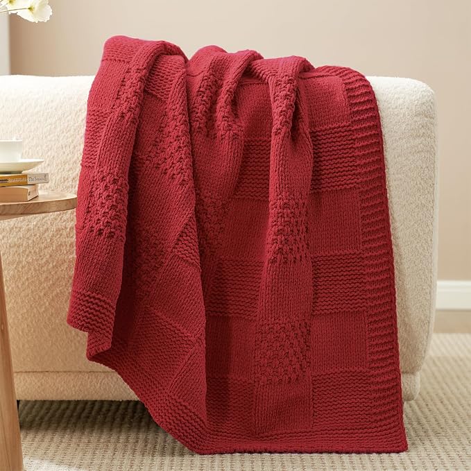 Knit Throw Blanket, Soft Chenille Cozy Breathable Checkered Chunky Decorative Blanket for Couch, Bed & Sofa, French-Inspired Lightweight Warm Gift for Women, Christmas Red, 50"x60"