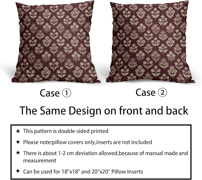 Burgundy Red Floral Pillow Covers 24x24 Inch Set of 2, Vintage Flower Block Print Decorative Throw Pillowcases Outdoor Farmhouse Cushion Covers Spring Summer Rustic Decoration Sofa Couch Bed Decor