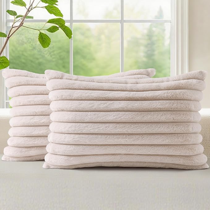 decorUhome Fall Faux Fur Throw Pillow Covers 12x20 Set of 2 Beige | Decorative Soft Cozy Striped Plush Modern Farmhouse Boho Couch Pillow Cases Velvet Back for Sofa Bed Living Room Home Decor