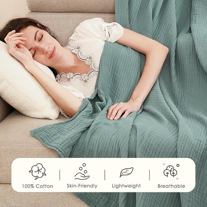 EMME Muslin Throw Blanket for Adults 100% Cotton Blankets for Couch 4-Layer Summer Breathable Gauze All Season Soft and Lightweight Pre-Washed (Teal, 50"x71")