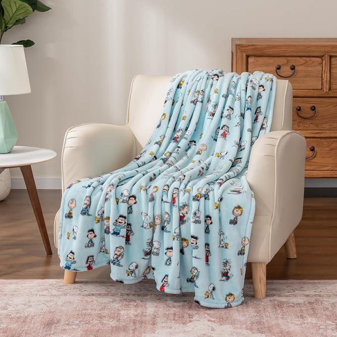 Berkshire Blanket Peanuts® VelvetLoft® Cute Character Snoopy Plush Oversized Throw Blanket, Snoopy Play with Peanuts Gang Light Aqua (50in x 60in)