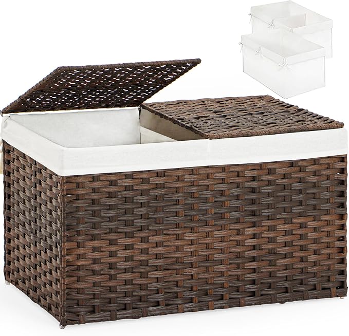 SETVSON Storage Basket with Lid, 2-Lid PE Rattan Storage Bin, Brown | 65L Storage Bin with 2 Separate Lids, 2 Removable Liners with Divider for Clothes & Blankets, Sturdy Frame, Brown