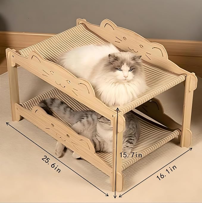 2-Tier Solid Wood Cat Scratcher Bed - Heavy Duty Cat Bunk Bed & Elevated Sisal Hammock for Indoor Cats, Sturdy Anti-Tipping Cat Furniture, Fits Large Cats up to 30+ lbs