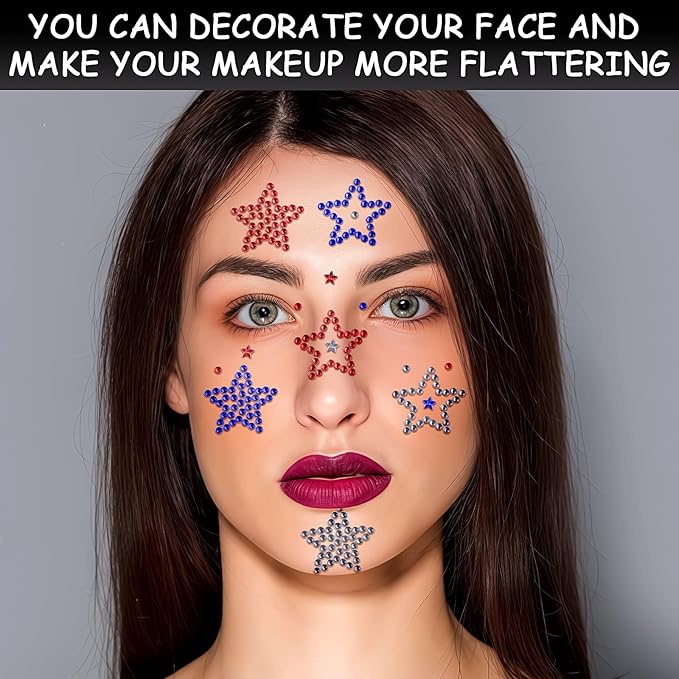 6 Sheets Self Adhesive Star Gem Stickers Red White Blue Rhinestone Stickers 4th of July Face Jewel Stick on Patriotic Face Makeup Sticker Independence Day Sticker for Body Nails Crafts Decoration