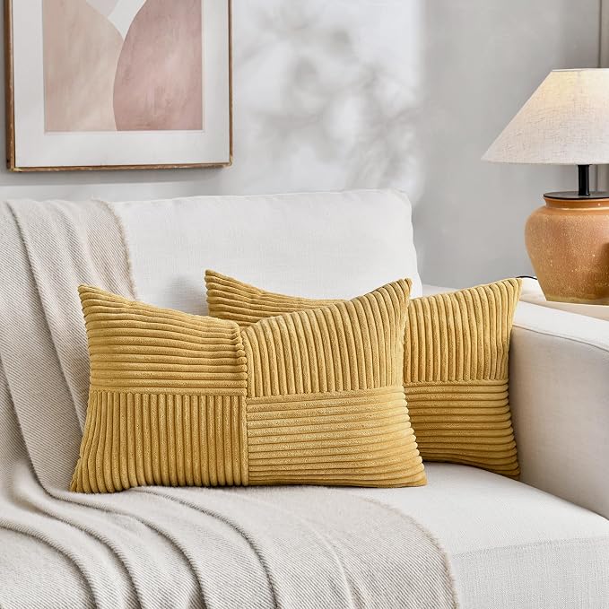 Fancy Homi Set of 1 Mustard Yellow Long Lumbar Decorative Throw Pillow Covers 12x24 Inch for Couch Bed, Rustic Farmhouse Boho Home Decor, Soft Striped Corduroy Rectangle Accent Cushion Case 30x60 cm