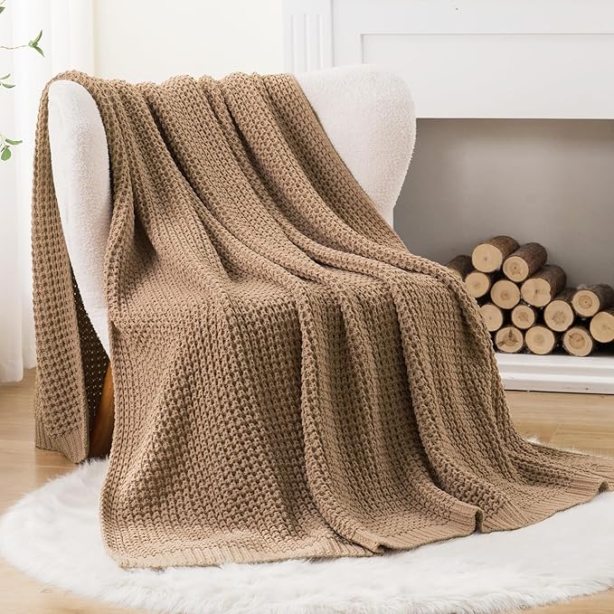 Beige Throw Blanket for Couch, Tan Waffle Knitted Throw Blankets 60"x80" | Farmhouse Throw Blanket for Home Decor, Neutral Knitted Beige Blanket, Decorative Soft Chunky Chenille Throw for Bed Sofa