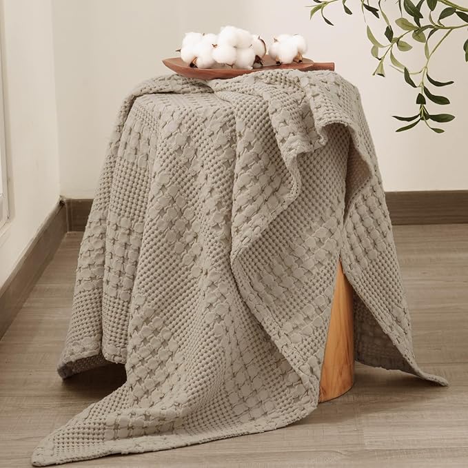 PHF 100% Cotton Waffle Weave Throw Blanket, Lightweight Breathable Summer Blanket for Couch Sofa, Pre-Washed Soft Throws for Bed, Office, Travel & Stylish Home Decor, 50"x60", Taupe