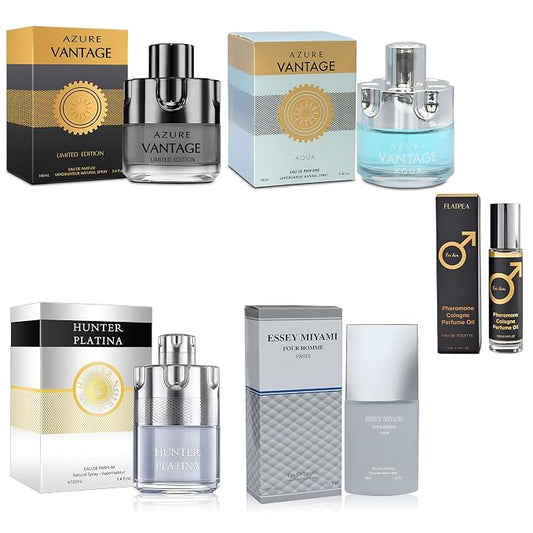 AFLUXE Men's Cologne Gift Set - Variety Pack of 4 Long Lasting Fragrances with 10ml Pheromone Cologne (Azure Aqua/Azure Limited/Hunter Platina/Essey Miyami)