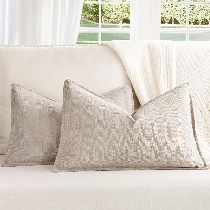 Beige Lumbar Pillow Covers 12x20 Set of 2 Chenille Throw Pillow Covers with Elegant Design Soft and Luxurious Decorative Throw Pillows for Couch, Bed, and Home Decor