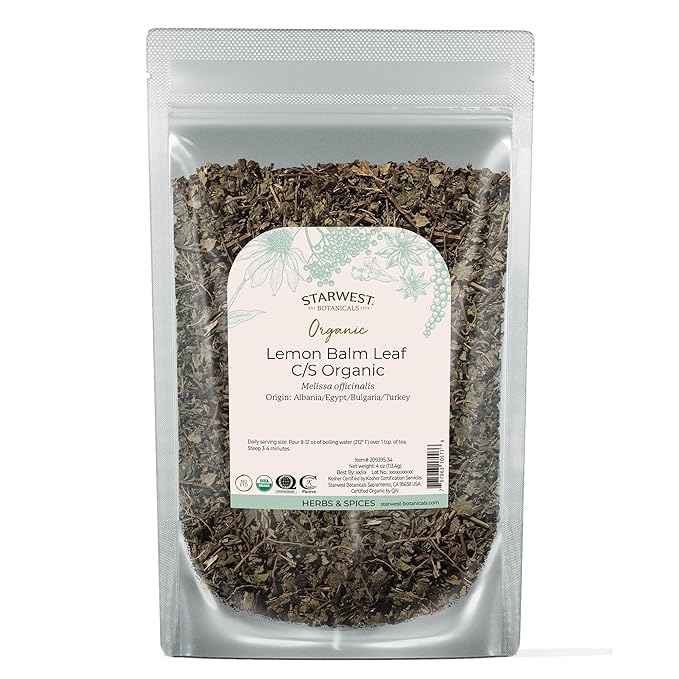 Starwest Botanicals Organic Lemon Balm Leaves - Dried Herb for Tea, Loose Leaf Natural Herb, Cut & Sifted Lemon Balm, Certified Kosher, Non-GMO - 4 oz Bag