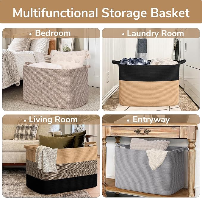 Goodpick 105L Extra Large Woven Rope Blanket Basket, Rectangle, Black Jute | 25'' x 16'' x 16'' Storage Basket for Blankets, Pillows & Toys, Living Room & Bedroom Organization, Reinforced Handles