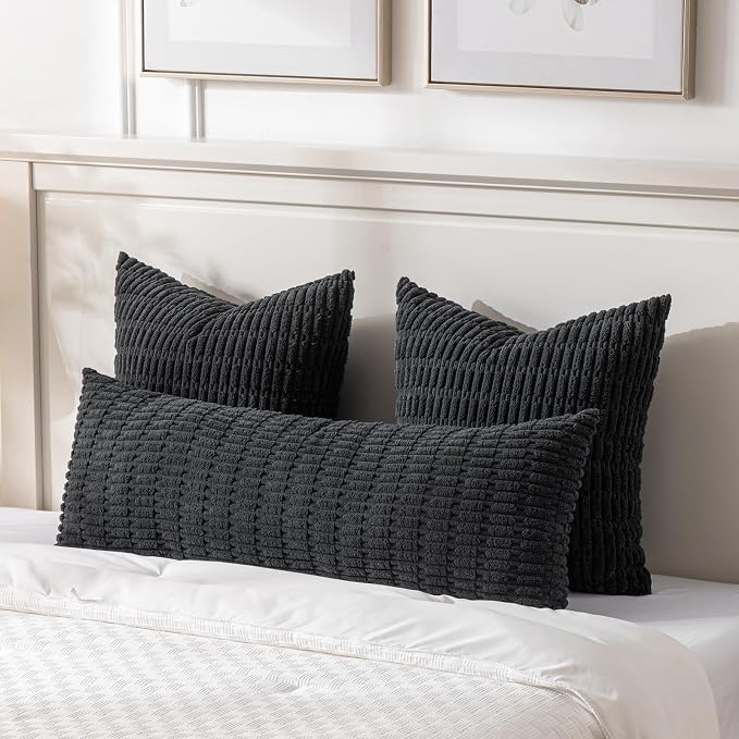 Fancy Homi Decorative Throw Pillow Covers for Bed Couch Bedroom Bench, Soft Corduroy Solid Pillow Case, Rustic Farmhouse Boho Room Decor,36" x 14" (Pack of 1),Black