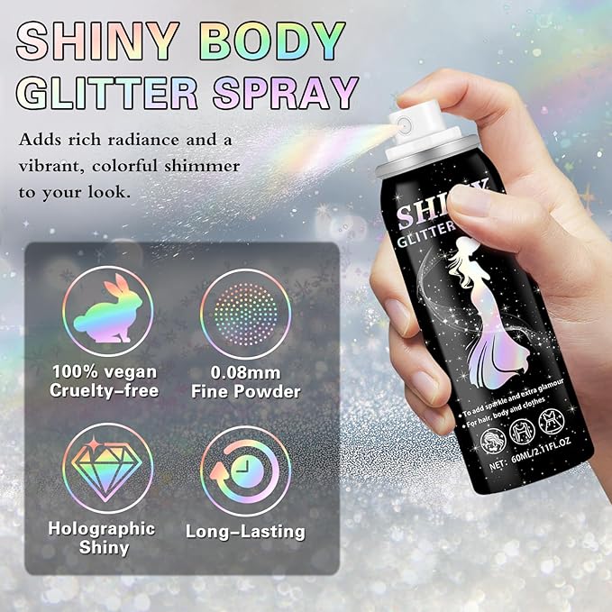 Body Glitter Spray, 60ML Shiny Silver Glitter Spray for Hair Body and Clothes,Long-Lasting Quick-Drying Holographic Ultra Fine Powder Glitter Hairspray for Festival Rave Stage Prom 2.11 Fl Oz
